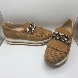 Softwaves Terracare Tan Suede Perforated Platform Fringe Loafer Sneakers 7.5/38